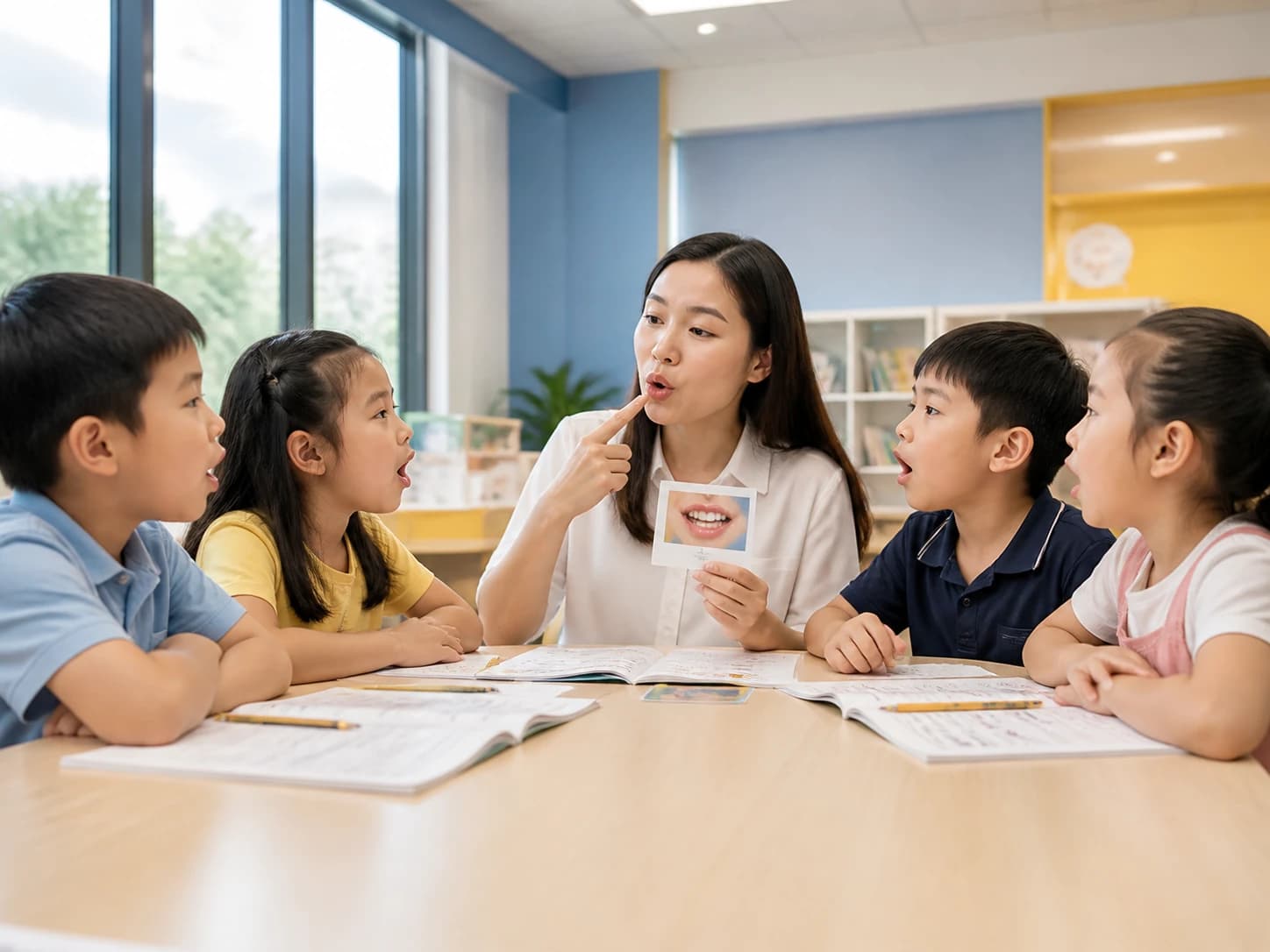 Ảnh giáo viên hướng dẫn học viên luyện phát âm trong lớp học
